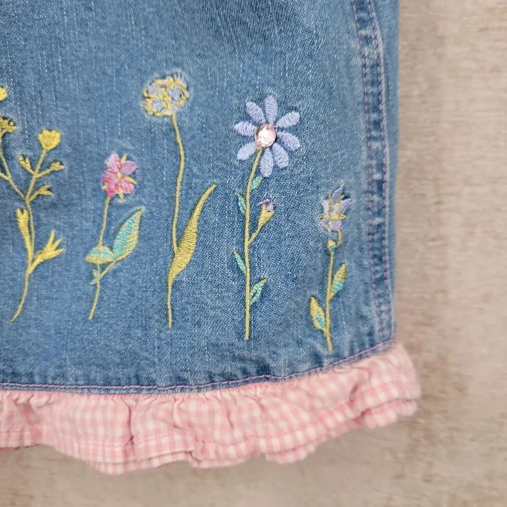 Faded Glory Vintage Y2K Denim Floral Embroidered Overall Skirt Jumper Dress